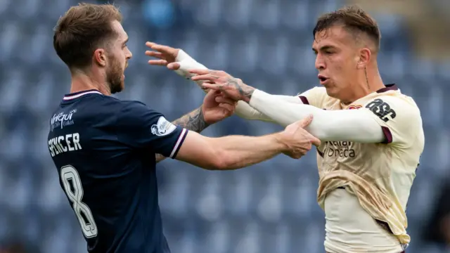 Falkirk's Brad Spencer and Hearts' Kenneth Vargas in an angry exchange