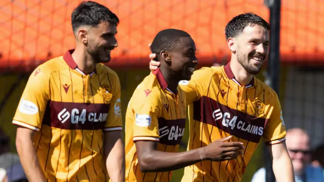 Motherwell's Tawanda Maswanhise celebrates after scoring to make it 2-1 during a Premier Sports Cup group stage match between Clyde and Motherwell at New Douglas Park