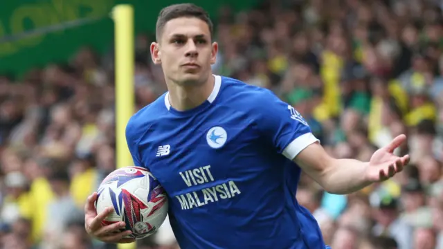 Yousef Salech celebrates scoring for Cardiff at Norwich