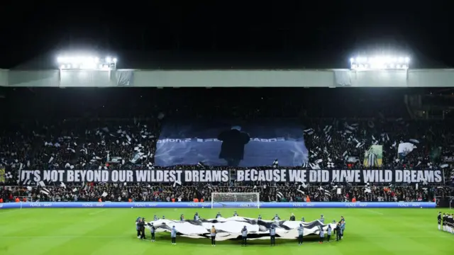 Newcastle United fans' banner before the Champions League game against AC Milan in 2023