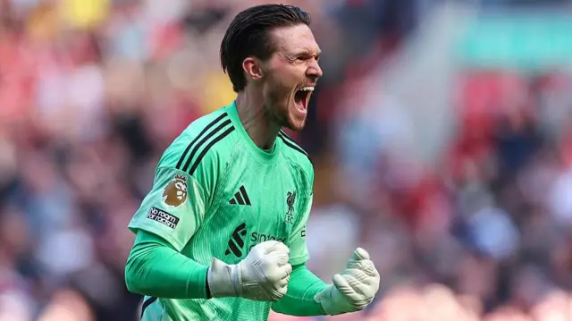 Freddie Woodman of Liverpool celebrates during the Premier League match between Liverpool and Crystal Palace at Anfield on April 25, 2026 in Liverpool.

