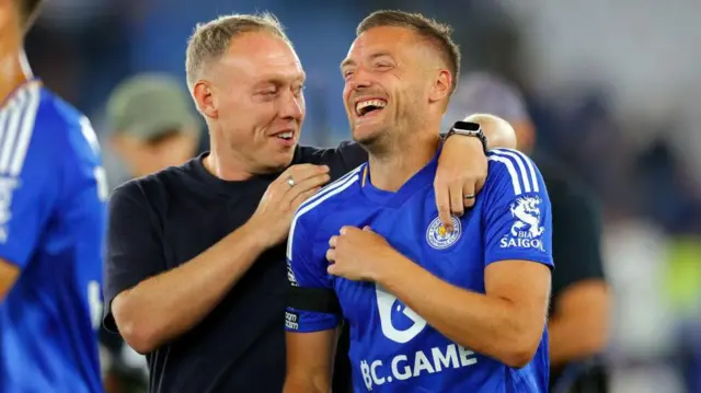 Steve Cooper and Jamie Vardy embrace each other