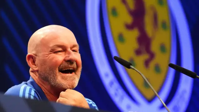 Steve Clarke laughing at Scotland's media conference