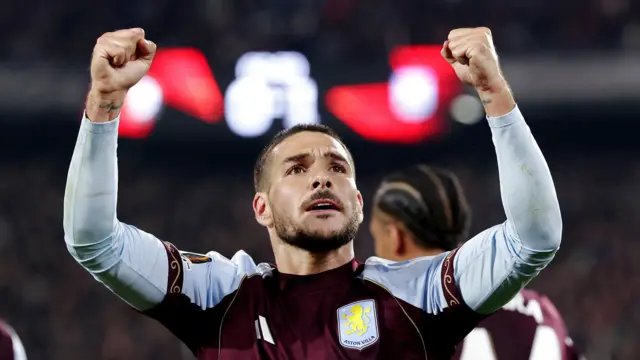 Emiliano Buendia celebrates scoring against Feyenoord in Europa League