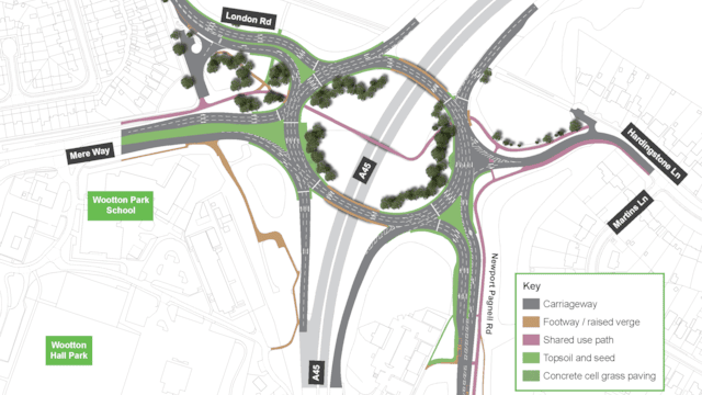 A diagram showing a roundabout with five exits and different colours denoting carriageway, path and verge work on the site.