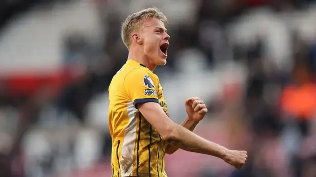 Jan Paul van Hecke of Brighton & Hove Albion celebrates