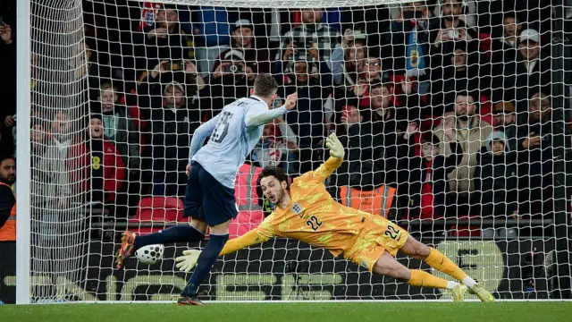 James Trafford tries to save Federico Valverde's penalty