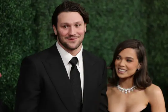 Josh Allen and Hailee Steinfeld arrive at Saenger Theatre for the 2025 NFL Honors