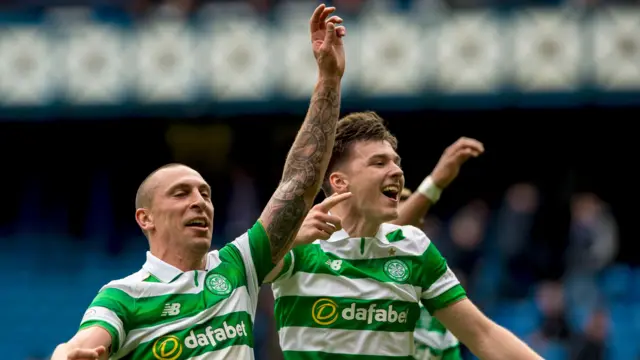 Celtic pair Scott Brown and Kieran Tierney celebrate at Ibrox