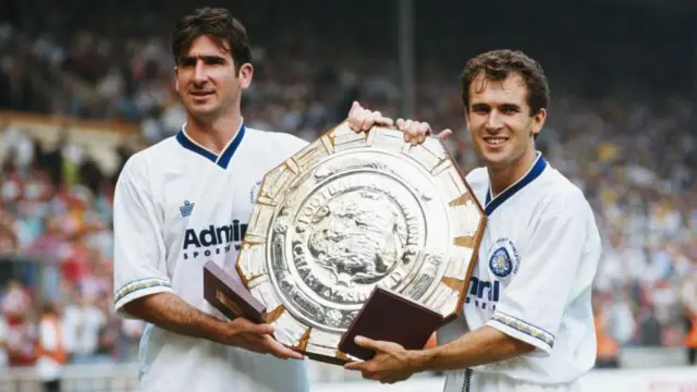 Erik Cantona and Tony Dorigo hold the Community Shield trophy in 1992