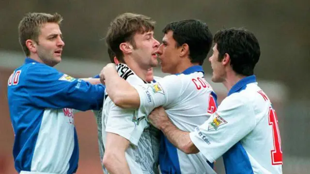 Duncan Ferguson in a skirmish for Everton at Blackburn