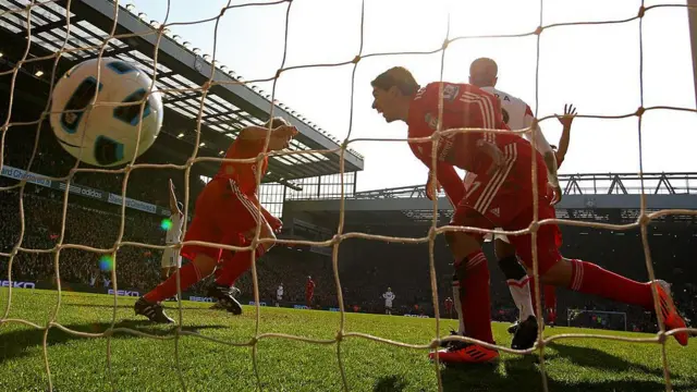 Dirk Kuyt of Liverpool celebrates scoring the opening goal