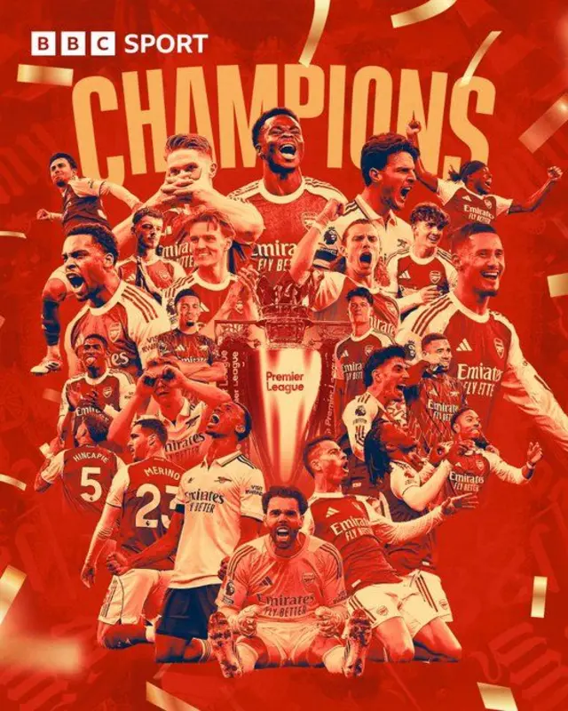 A graphic showing Arsenal players with the Premier League trophy in the middle of them