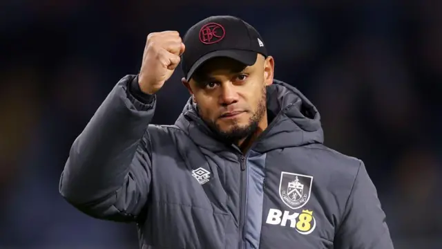 Vincent Kompany, Manager of Burnley, celebrates after the team's victory in the Premier League match between Burnley FC and Sheffield United at Turf Moor