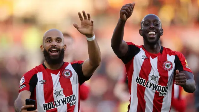 Brentford's Bryan Mbeumo and Yoane Wissa celebrate beating Ipswich