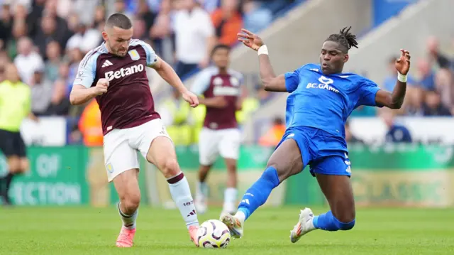 Aston Villa's John McGinn (left) is tackled by Leicester City's Caleb Okoli