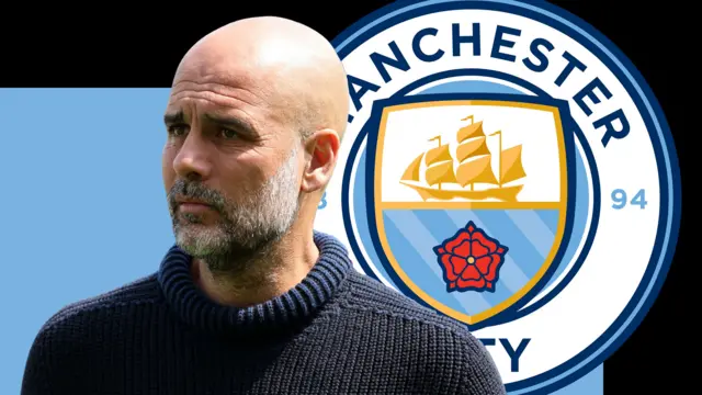 A graphic of Pep Guardiola and the Manchester City club crest