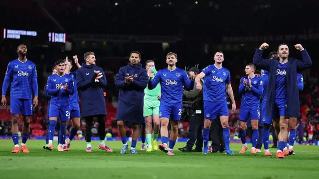 Everton celebrate after the Premier League win between Manchester United and Everton at Old Trafford.