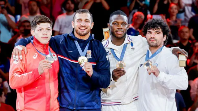  Lasha Bekauri, Sanshiro Murao, Maxime-Gael Ngayap Hambou and Theodoros Tselidis with their medals