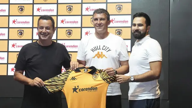 Hull City's chair Acun Ilicali, Hull City Sporting Director Jared Dublin and head coach Sergej Jakirovic
