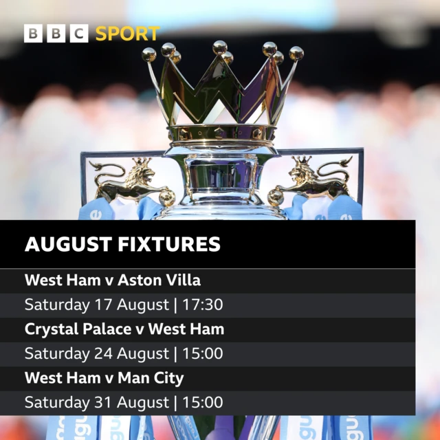 West Ham's August fixtures: West Ham v Aston Villa, Crystal Palace v West Ham, West Ham v Man City