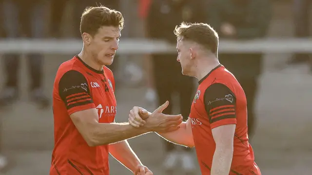 Madden's Niall and Shane Grimley celebrate on the Athletic Grounds pitch after a victory for their side. 