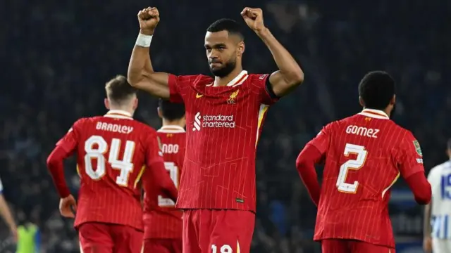 Cody Gakpo celebrates scoring for Liverpool in the League Cup