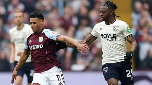 Aaron Wan-Bissaka battles for possession with Aston Villa's Ollie Watkins during the match against West Ham at Villa Park in December 2025