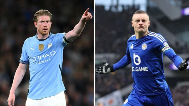 Kevin de Bruyne and Jamie Vardy celebrate scoring goals