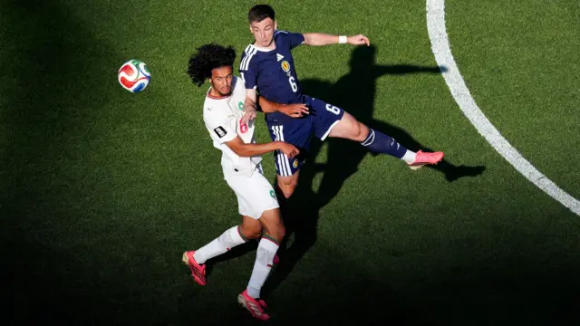 Morocco's Ayyoub Bouaddi and Scotland's Kieran Tierney