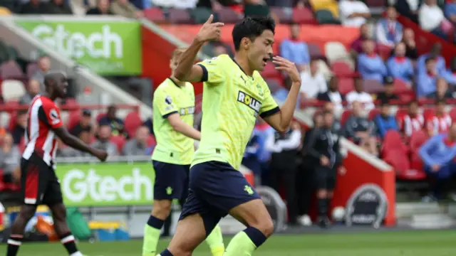 Yukinari Sugawara celebrates scoring for Southampton against Brentford