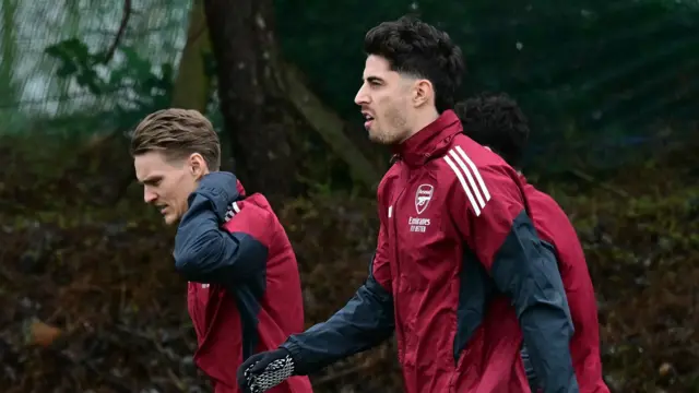 Kai Havertz and Martin Odegaard come out for training with Arsenal