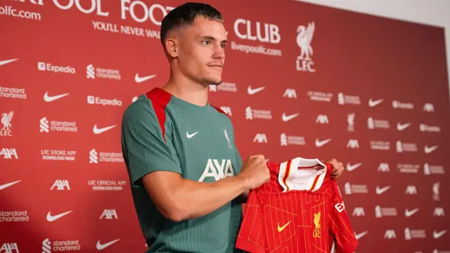 Florian Wirtz holding up a Liverpool shirt 