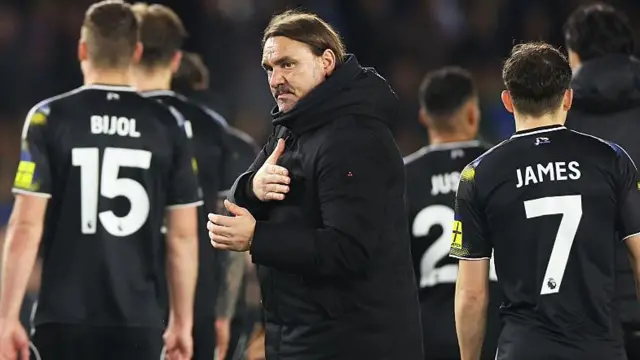 Daniel Farke, Manager of Leeds United, looks dejected after the team's defeat