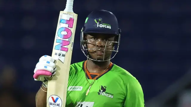 Shimron Hetmyer holds his bat up after his impressive knock for Seattle Orcas