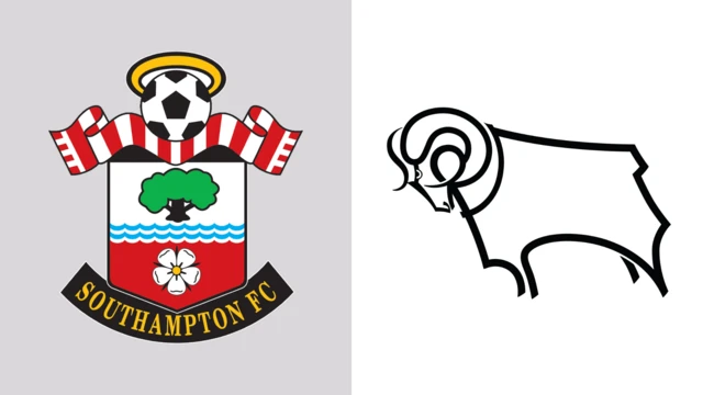 A side-by-side image of the club badges of Southampton and Derby County