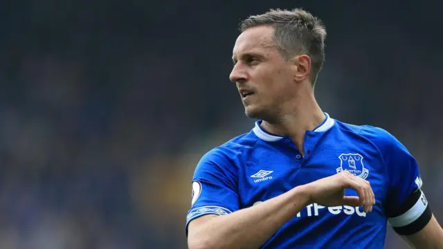 Phil Jagielka of Everton looks on