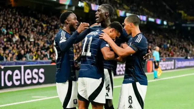 Aston Villa players celebrate Amadou Onana's goal against Young Boys