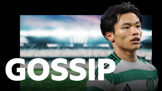 Reo Hatate, wearing Celtic's green and white hooped home shirt, pictured on BBC Sport's gossip column graphic which has 'gossip' written in white letters on top of a blurred out floodlit football stadium