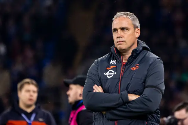 Michael Duff as Swansea City manager at Cardiff City Stadium