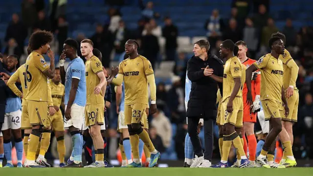 Oliver Glasner and his Crystal Palace players shake hands after the game