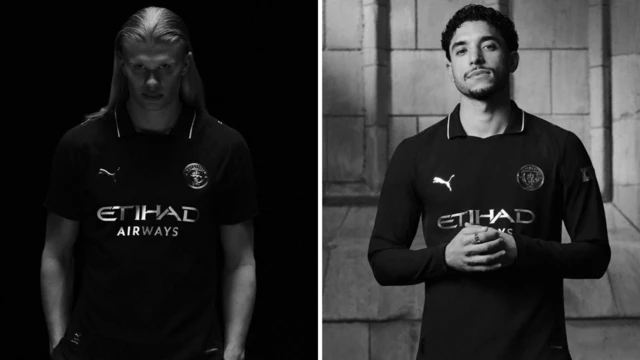A split graphic showing Manchester City's away kit for 2025-26