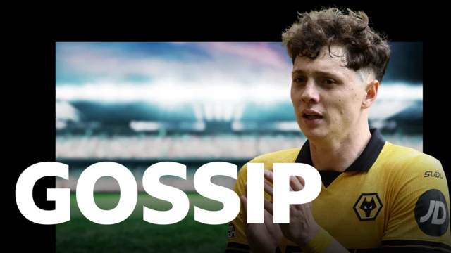 Ladislav Krejci, wearing Wolves' amber home strip, claps his hands. He appears on top of BBC Sport's gossip column graphic which has 'gossip' written in white letters on top of a blurred out floodlit football stadium