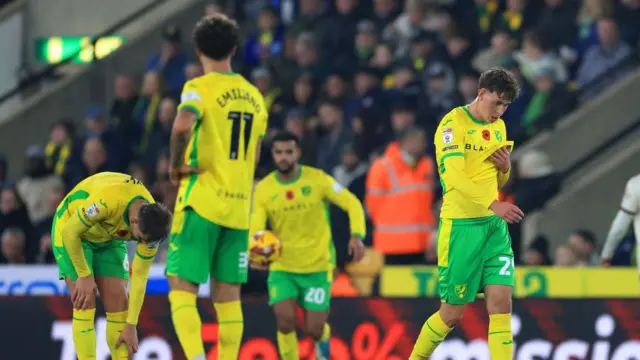 Norwich players look dejected after Bristol City score