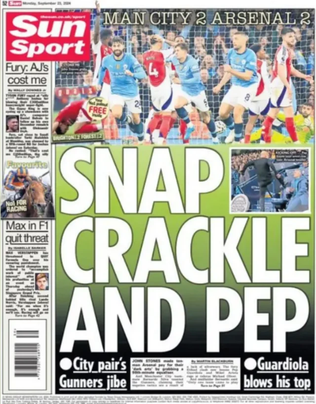 Back page of The Sun reacting to Man City 2-2 Arsenal