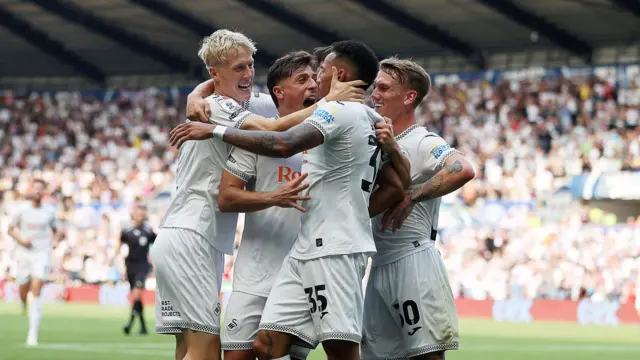 Swansea players celebrate against Sheffield United last weekend 
