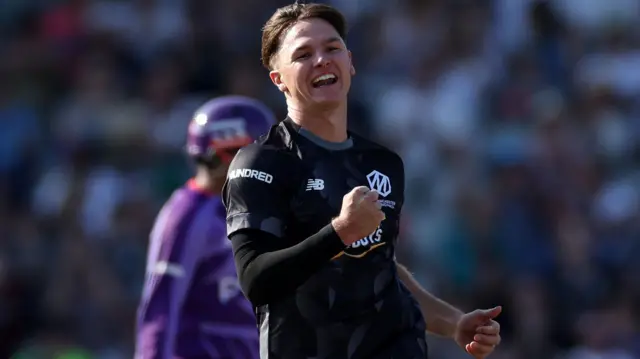 Manchester Originals fast bowler Sonny Baker celebrates taking a wicket