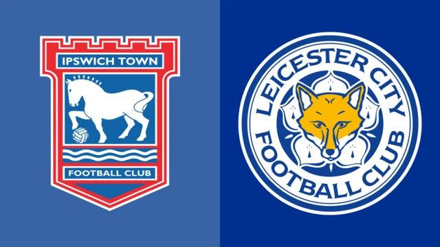 The Ipswich Town and Leicester City club badges side by side. The Ipswich one shows a horse drawn in white with a hoof on a ball on a blue background. Leicester's has a fox at the centre of it on a blue background