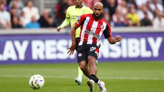 Bryan Mbeumo scoring with his left foot