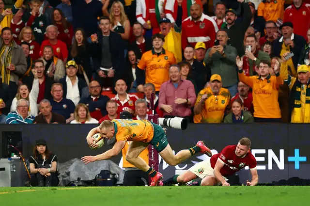 Max Jorgensen of the Wallabies scores a try in the 28th minute. 